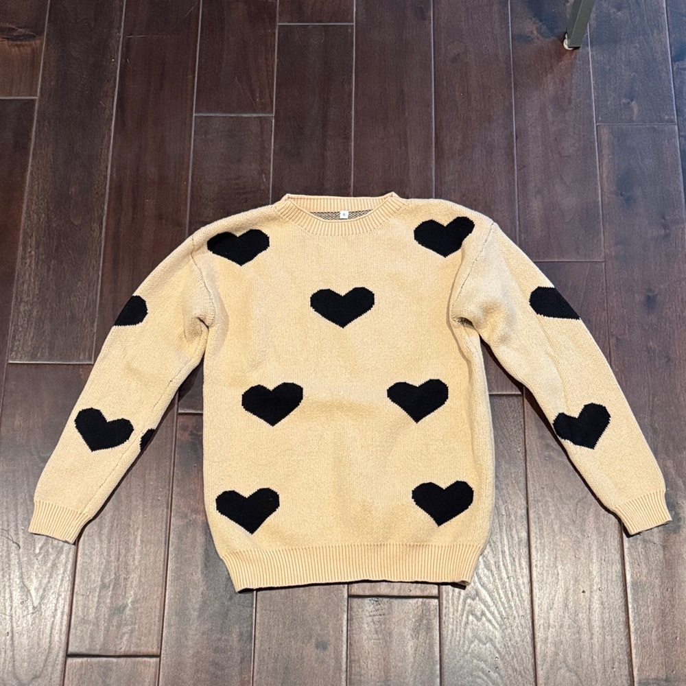 Heart Patterned Beige and Black Sweater